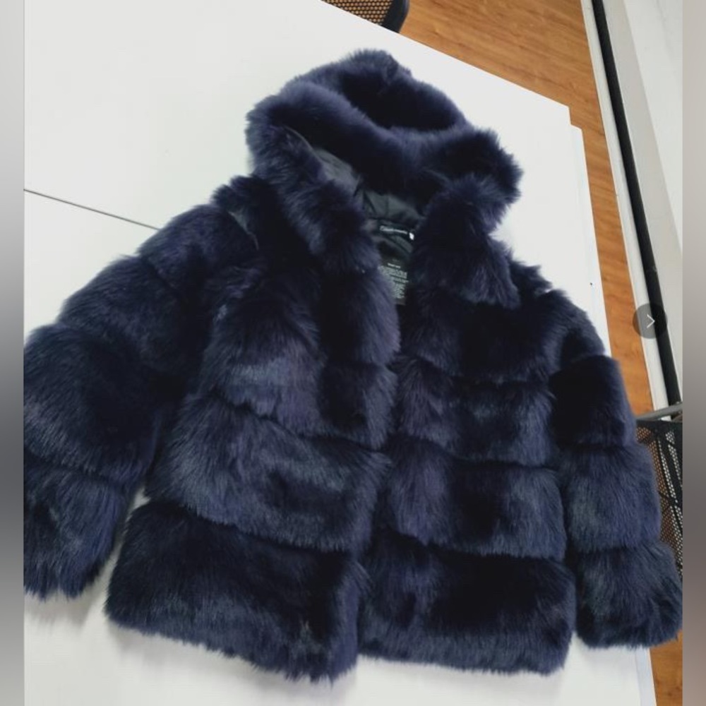 Dark Navy Blue Faux Fur Coat w/ Hood *Brand New*